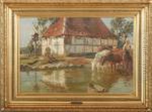 Landscape With Horses At A Small Pond by Carl Budtz-Moller