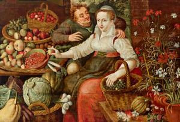 Scena Di Mercato Con Una Fruttivendola Eun Uomo Che La Sta Abbracciando Oil Painting by Joachim Beuckelaer