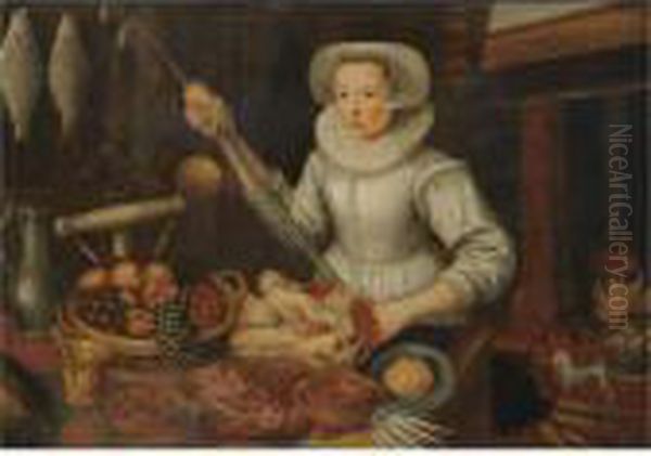 A Maid In A Kitchen Interior Oil Painting by Joachim Beuckelaer