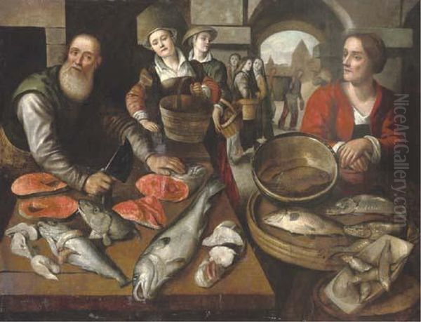 Peasant Women Buying Fish At A Fishmonger Oil Painting by Joachim Beuckelaer