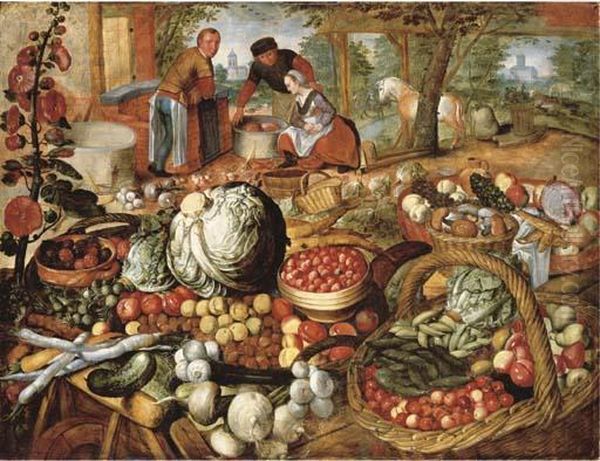 A Greengrocer's Stall With The Flight Into Egypt Beyond Oil Painting by Joachim Beuckelaer