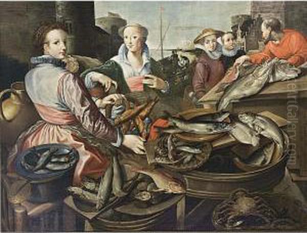 Women Buying Salmon From A Vendor Oil Painting by Joachim Beuckelaer