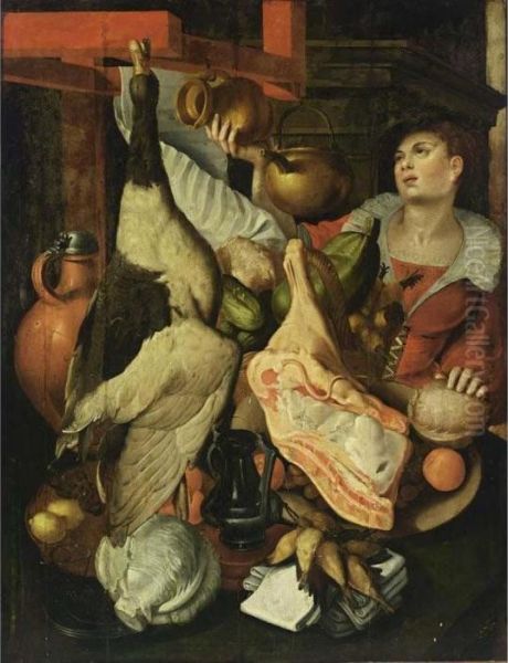 A Kitchen Still Life With A Maid Holding A Jug, Poultry, Meat, Cabbage, And Fruit Oil Painting by Joachim Beuckelaer