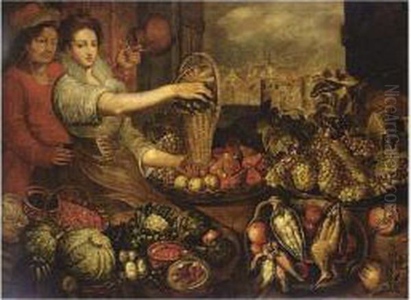 And Apples In A Baskets With Birds, Green Cabbages Oil Painting by Joachim Beuckelaer