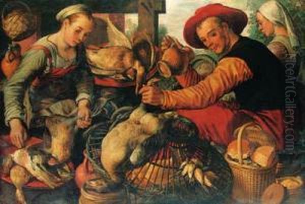 Peasants At A Poultry Stall Oil Painting by Joachim Beuckelaer