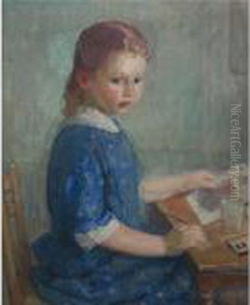 The Artist's Daughter Lydia Painting A Watercolor Oil Painting by Karl Albert Buehr