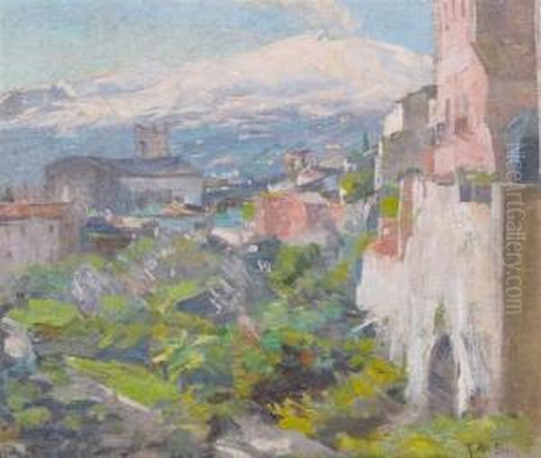 Village Scene With Alps Oil Painting by Karl Albert Buehr