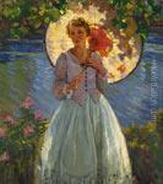 Young Woman With Parasol Oil Painting by Karl Albert Buehr