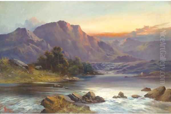 A Highland landscape at sunset Oil Painting by John Henry Boel