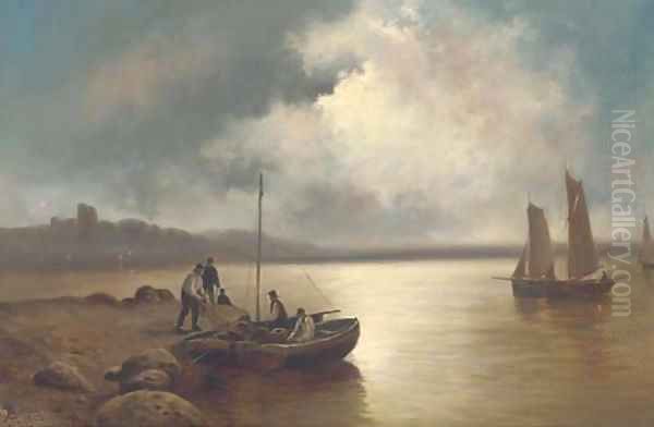 Unloading lobster pots at dusk Oil Painting by John Henry Boel