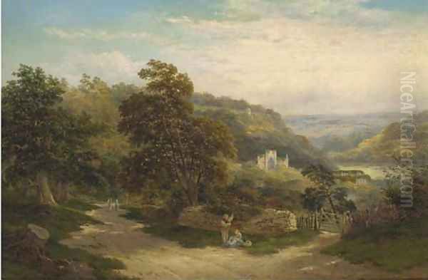 Figures on a sunlit lane, Tintern Abbey beyond Oil Painting by John Henry Boel