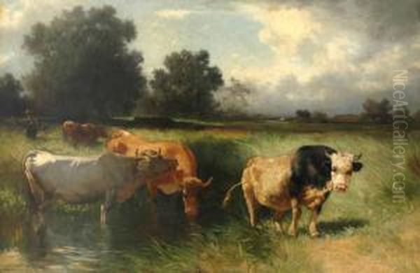 Buhlmayer Herder And Cattle Oil Painting by Conrad Buhlmayer