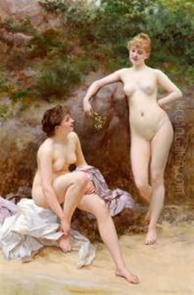 Due Ragazze Dopo Il Bagno Oil Painting by Vlaho Bukovac