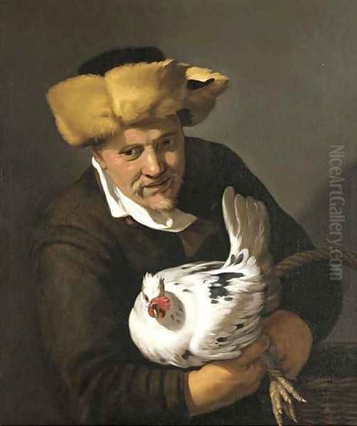 A poulterer in a fur hat holding a hen and a basket Oil Painting by Hendrick Bloemaert