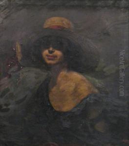 Woman With Hat Oil Painting by Petru Bulgaras