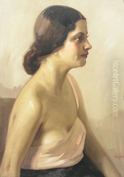 Profile Woman Oil Painting by Petru Bulgaras