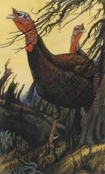 Two Turkeys Oil Painting by Charles Livingston Bull