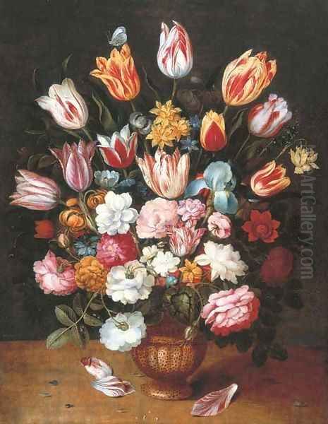 Tulips, daffodils, roses, an iris and other flowers in a pottery vase on a ledge Oil Painting by Osias, The Younger Beert