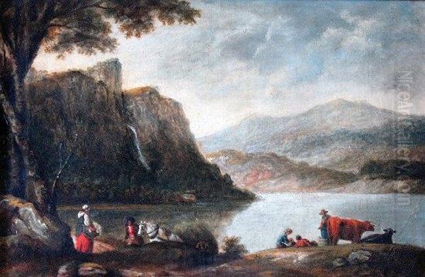 Lowdor Cataract And Crag In Burrowdale, With View Of Keswick Lake Oil Painting by Henry William Bunbury