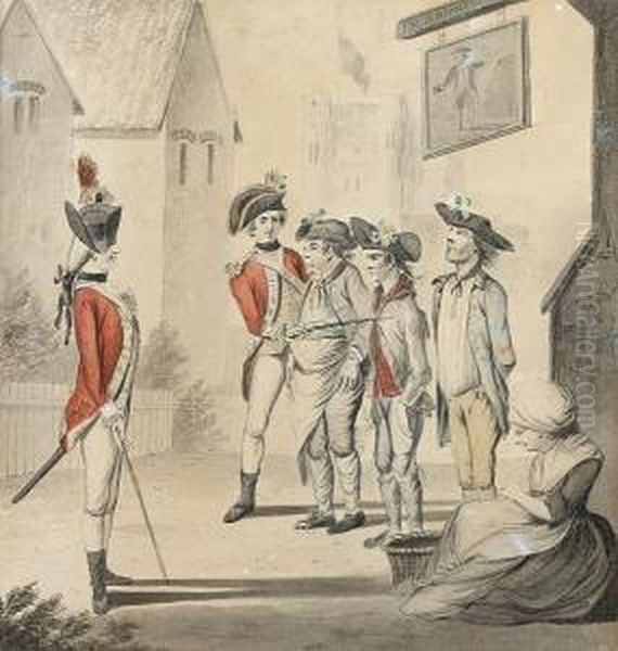 The Unfortunates Outside The Old
 Fortune Tavern Being Press Ganged By Two Young Officers; A Visit To The
 Camp. Maccaroni And A Lady Being Shown A Military Camp By Young 
Ensigns, Two Oil Painting by Henry William Bunbury