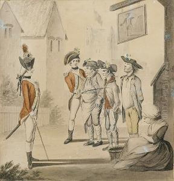 The Unfortunates Outside The Old Fortune Tavern Being Press Ganged By Two Young Officers Oil Painting by Henry William Bunbury