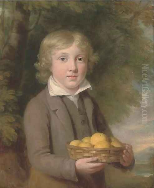 Portrait of a boy, half-length, wearing a brown suit and holding a basket of apples Oil Painting by Sir William Beechey