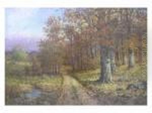 Path To Winter, An Autumn Landscape With Path Along Creek Oil Painting by John Elwood Bundy