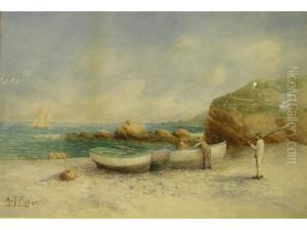 Three Rowing Boats On A Beachwith Figures Oil Painting by Andrew Fisher Bunner