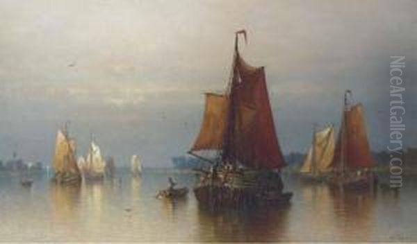 Rhine-boats On The River Maas, Off The Coast Of Dordrecht,holland Oil Painting by Andrew Fisher Bunner