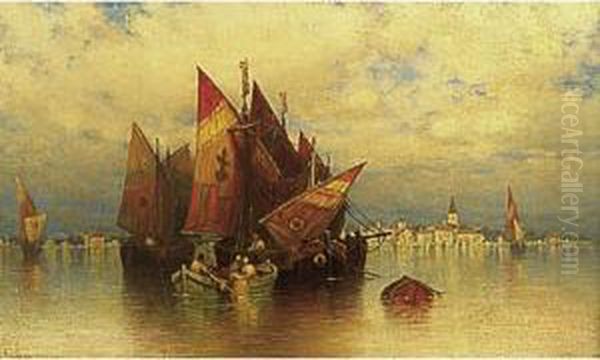 Venetian Fishing Boats Oil Painting by Andrew Fisher Bunner