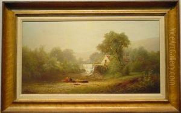 Mill Beside A Waterfall Oil Painting by Andrew Fisher Bunner