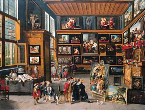 A spacious entrance hall the walls hung with pictures, collectors' items on tables, and an artist showing a painting to a connoisseur Oil Painting by Cornelis de Baellieur