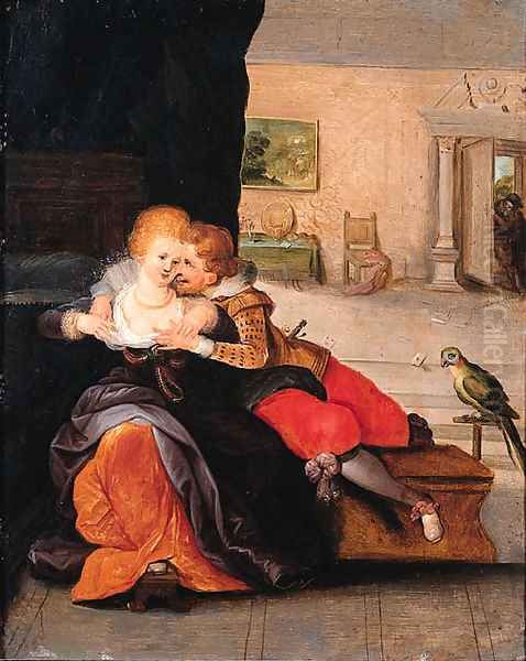 A couple embracing in an interior Oil Painting by Cornelis de Baellieur