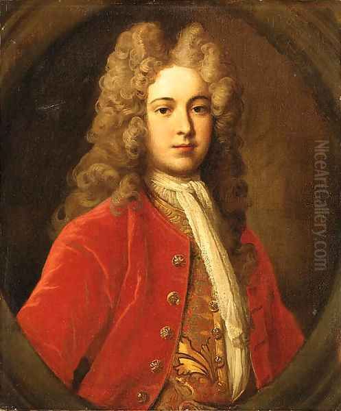 Portrait of a Gentleman, half length, in a red coat, Oil Painting by Johan Van Der Banck