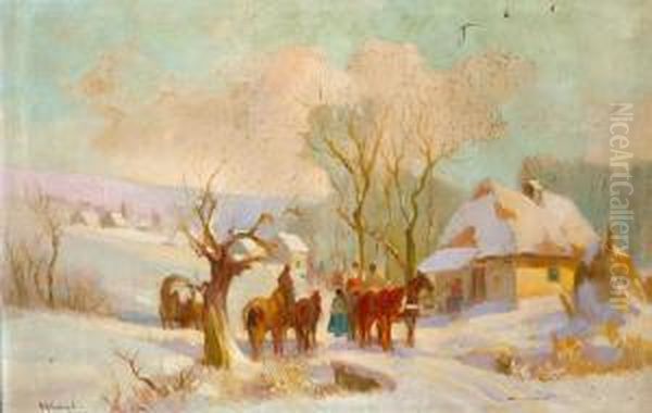 Teli Falu Oil Painting by Istvan Burchard-Belavary