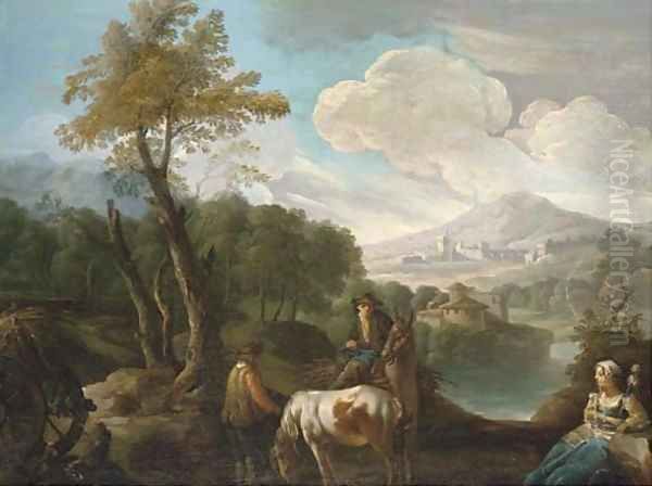 A landscape with farm labourers on a track, a lakeside town beyond Oil Painting by Giuseppe Bernardino Bison