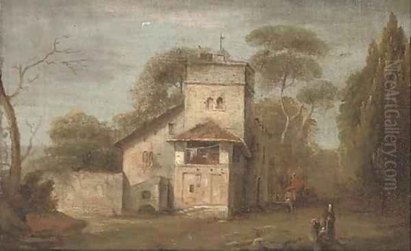 A wooded landscape with travellers by a house Oil Painting by Giuseppe Bernardino Bison