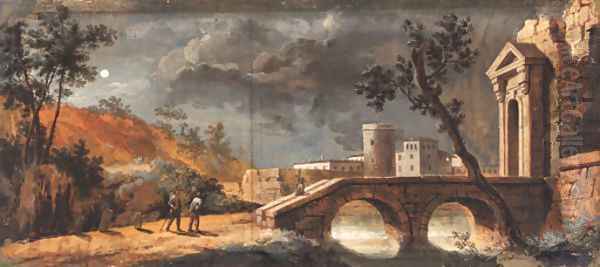 A moonlit capriccio of a classical town with travellers on a path by a bridge Oil Painting by Giuseppe Bernardino Bison