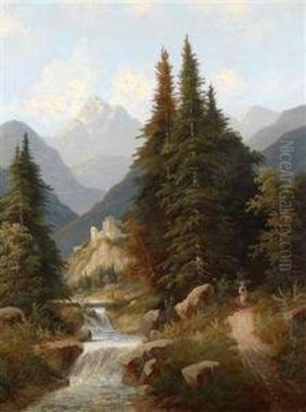 Gebirgige Landschaft Mit Burgruine Oil Painting by Josef, Jacob Burgaritzky