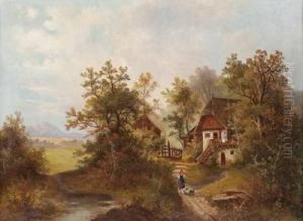 Salzburger Sommerlandschaft Mit Gehoft, Gansehirtin Und Blick Auf Stadt Mit Untersberg Oil Painting by Josef, Jacob Burgaritzky