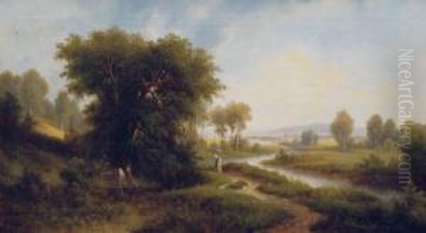 Fluslandschaft Mit Frau Am Uferweg Oil Painting by Josef, Jacob Burgaritzky