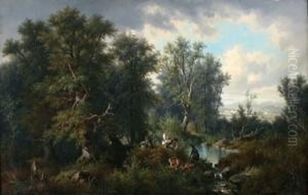 Boomrijk Landschap Met Jagers En Honden Oil Painting by Josef, Jacob Burgaritzky