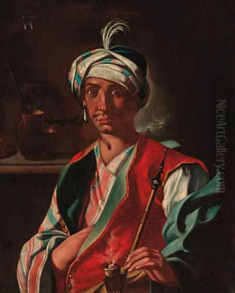 An Oriental man, in a plumed turban, smoking a hookah Oil Painting by Giuseppe Bonito