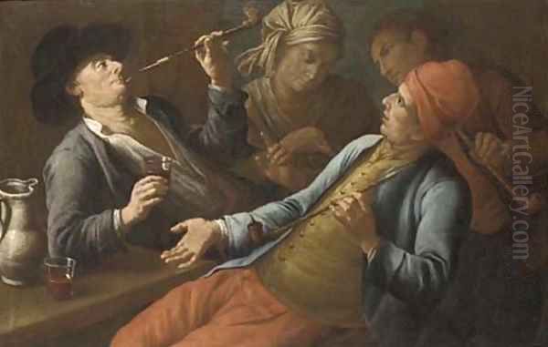 Peasants drinking and smoking in an interior Oil Painting by Giuseppe Bonito