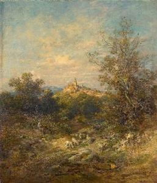 Blick Auf Kronberg Mit Hirte Und Schafherde Im Vordergrund Oil Painting by Anton Burger