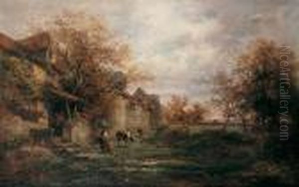 Landliche Szene Vor Einer Stadtbefestigung. Oil Painting by Anton Burger