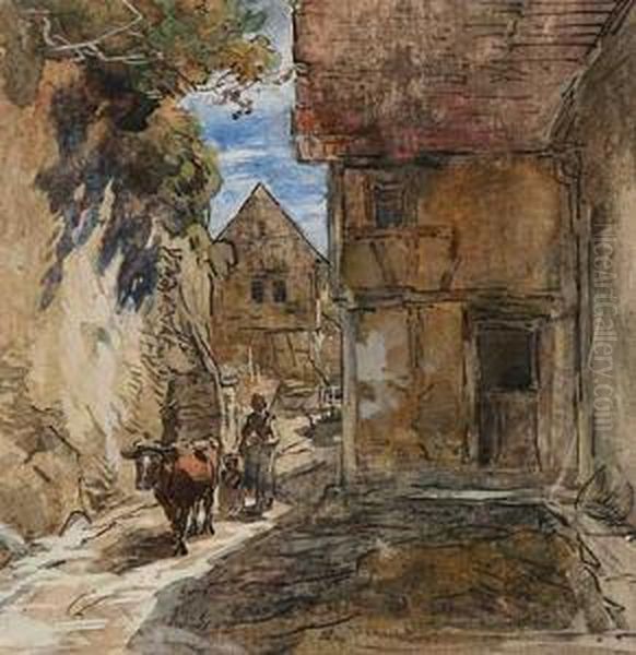 Bauerin Mit Kind Treibt Kuh Durch Eine Gasse Oil Painting by Anton Burger