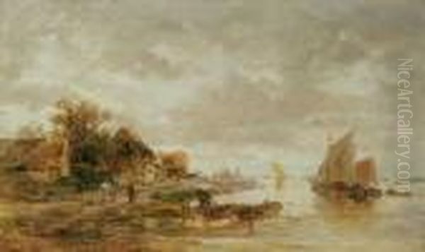 Am Main Bei Worth. Signiert Und 
Datiert Unten Links: A. Burger/1880. Ol Auf Holz. H 21; B 35 Cm. Oil Painting by Anton Burger