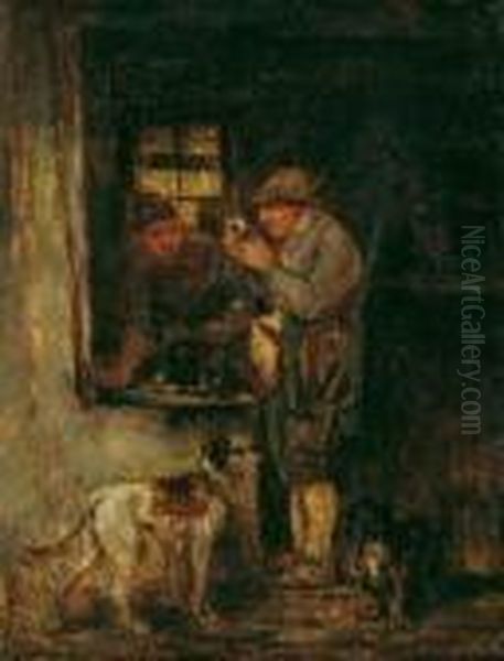 Wirtshausinterieur Mit Einem Jager Und Zwei Hunden. Ol Auf Holz. H 16,8; B 13 Cm. Oil Painting by Anton Burger