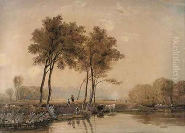 Anglers on the banks of the Thames before Windsor Castle Oil Painting by Ircle Of George Jun Barret